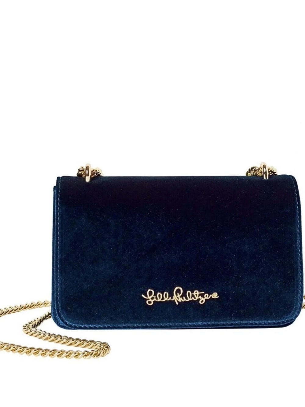 Lilly Pulitzer Velvet Kat Crossbody Bag Inky Navy with Gold Chain